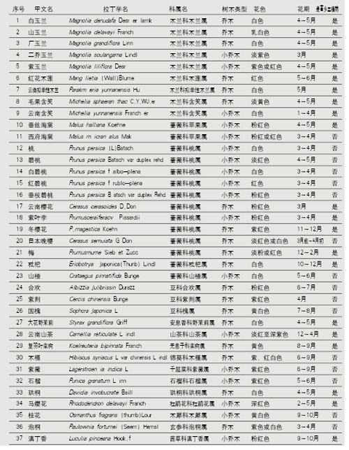 表1 云南某市区各大公园观花乔木种类结果